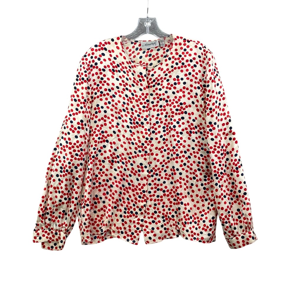 Adrianna Papell Blouse Women's 12 Red Navy Polka Dot 100% Silk Jacquard Vintage